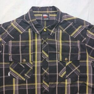 VTG Y2K NO FEAR Short Sleeve Button Down Shirt distressed Blk/Neon Plaid Men XL